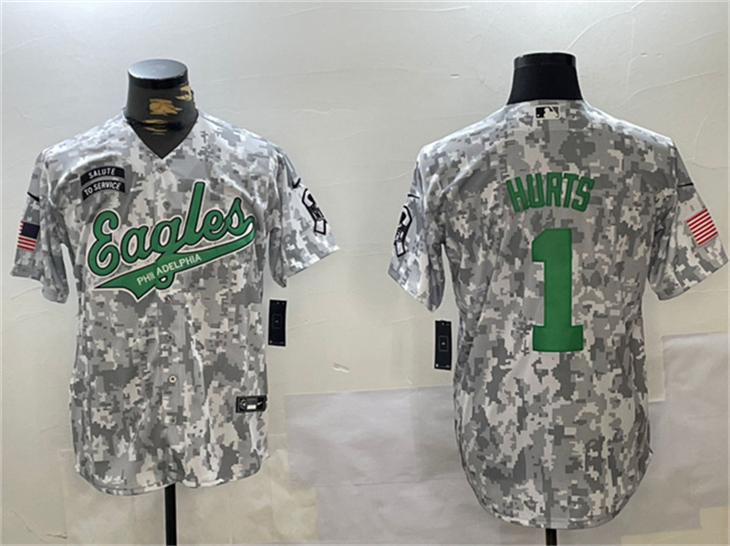 Men's Philadelphia Eagles #1 Jalen Hurts 2024 Arctic Camo Salute to Service Stitched Baseball Jersey Men's Philadelphia Eagles #1 Jalen Hurts 2024 Arctic Camo Salute to Service Stitched Baseball Jersey
